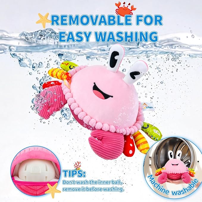 Baby Toys 6-12-18 Months, Pink Crawling Crab Tummy Time Toy, Rechargeable Musical Plush Toy with 50 Songs & Voice Recorder, Dancing Bouncing Interactive Baby Girl Sensory Toddler Toys 1 Year Old Gift