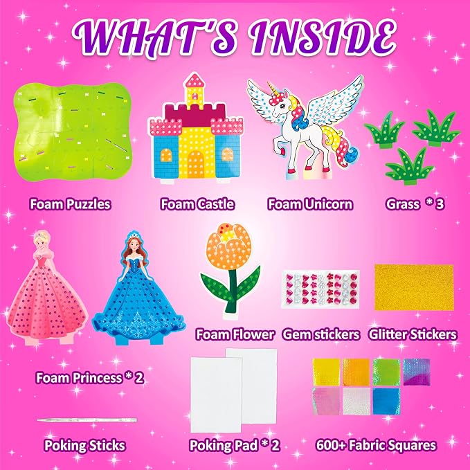 AGENTLAN Poke Art Princess & Unicorn Kit, Mess-Free Craft Set for Girls | Princess & unicorn designs, pre-cut fabric squares, poke craft activity, screen-free toy, birthday gift for girls ages 3-8