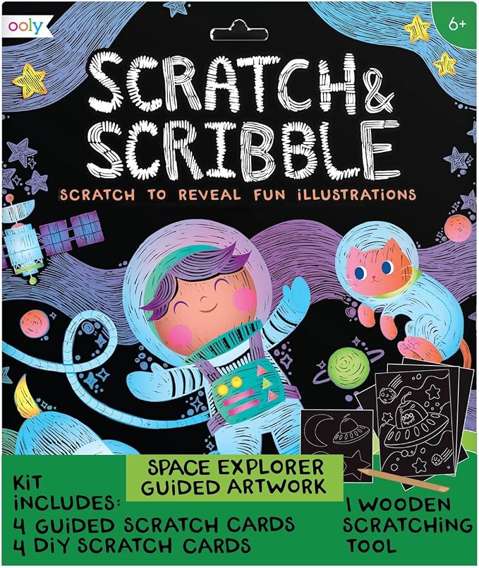 Ooly Scratch & Scribble Travel Crafts for Kids – 1pc Art Kit, Portable Car & Airplane Activity, 8 Scratch Cards + Wooden Stylus + Stickers, Ages 6+ – Space Explorers