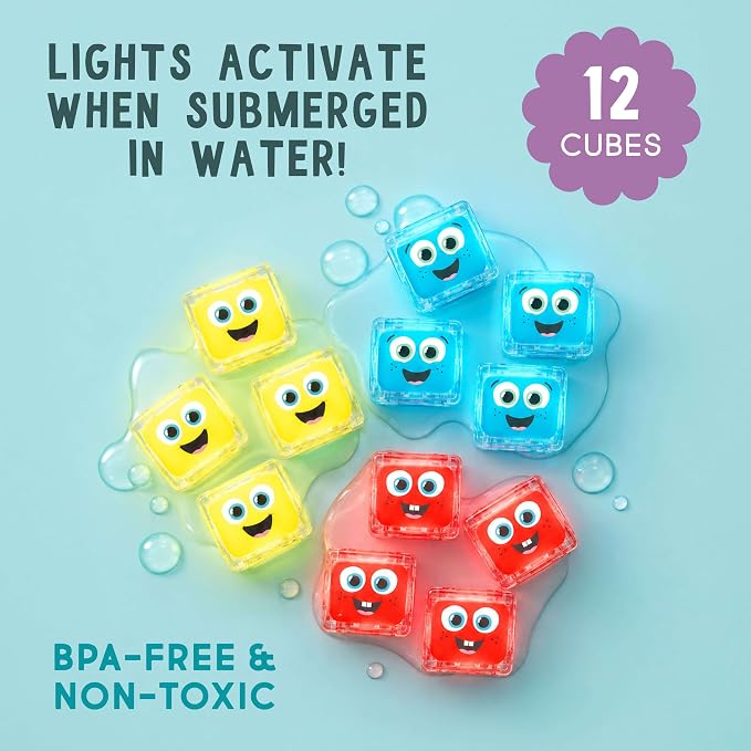Glo Pals Water-Activated Light-Up Sensory Bath Toy Cubes for Bathtime and Sensory Play, Vibrant Light-Up Colored Cubes for Kids and Toddlers, Glows Red, Blue, and Yellow, Pack of 12