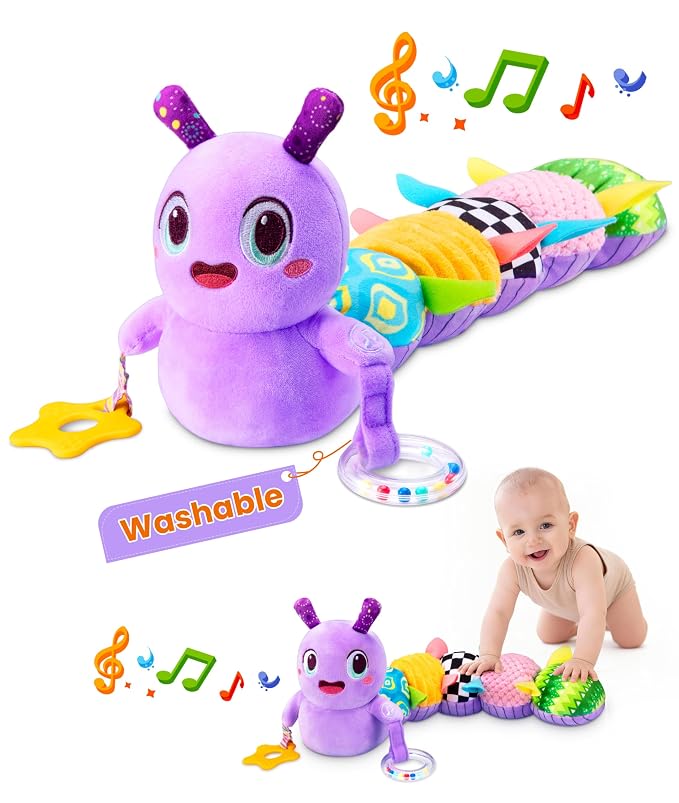 Baby Toys 0-6 Months, Washable Baby Musical Caterpillar Toys with 10 Children's Songs,Rattles,Teething Toys,Suitable for 0-6, 6-12 Months Infant Tummy Time Toy,Newborn Baby Boy&Gril Gifts(Green)