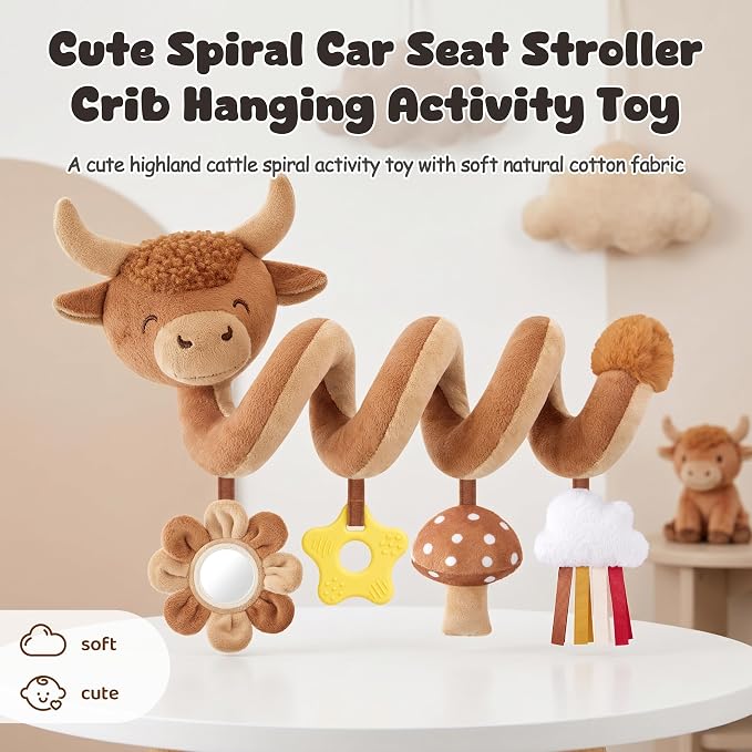 Stuffed Highland Cow Spiral Car Seat Toys for Babies 0-3-6-12 Months, Infant Stroller Toy with Mushroom Pendant & Star Teether Hanging, Cute Baby Registry Search & Shower Gifts for Newborns