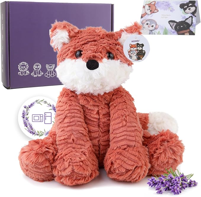 KOWSI® Microwavable Heating Pad Vulpes Red Fox Plush - Weighted Stuffed Animal Toy Tourmaline Beads & Lavender - 1.1 lb for Long Lasting Cozy Warmth & Relaxation - Includes Gift Box & Greeting Card