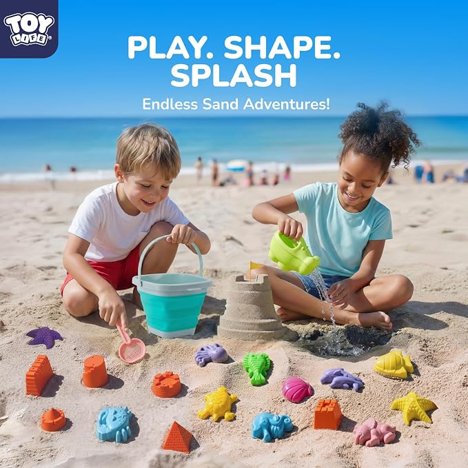 TOY Life 23 Pcs Ocean Beach Toys for Kids Ages 4-8 Collapsible Sand Toys with Watering Can, Silicone Bucket, Sand Castle Building Kit, Mesh Bag Ocean Animal Molds Travel Sandbox Toy for Summer Play