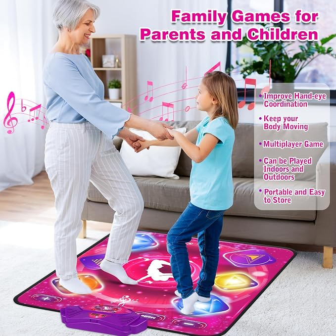 Kusntin Dance Mat, Dance Mixer Rhythm Step Play Mat, Pink Dance Pad with LED Lights, Adjustable Volume, Built-in Music, 5 Game Modes, Xmas Birthday Gifts for 3-10 Years Girls Toys (Purple)