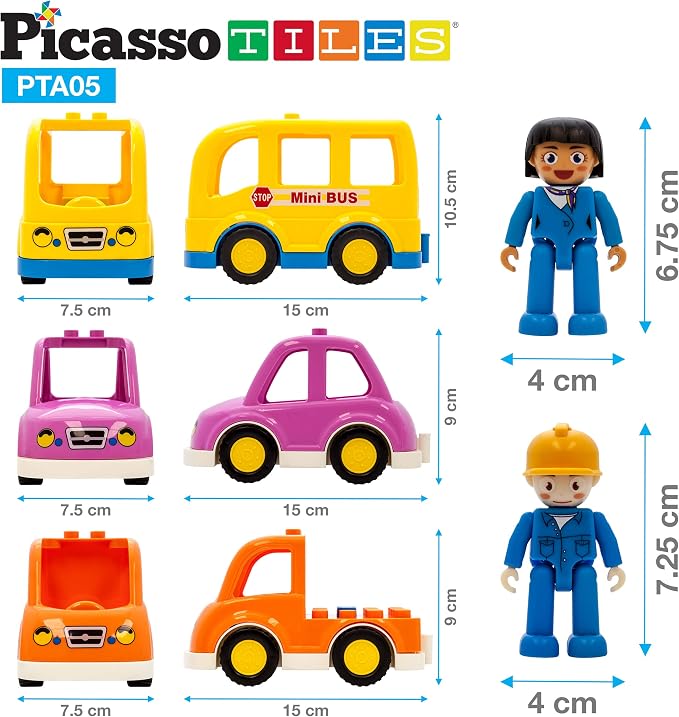 PicassoTiles Magnetic Figures 5 Piece Vehicle and Action Figure Set Including School Bus, Car, Truck and 2 Drivers Magnet Expansion Pack Toddler Toy Kit Pretend Playset for Construction Building Block