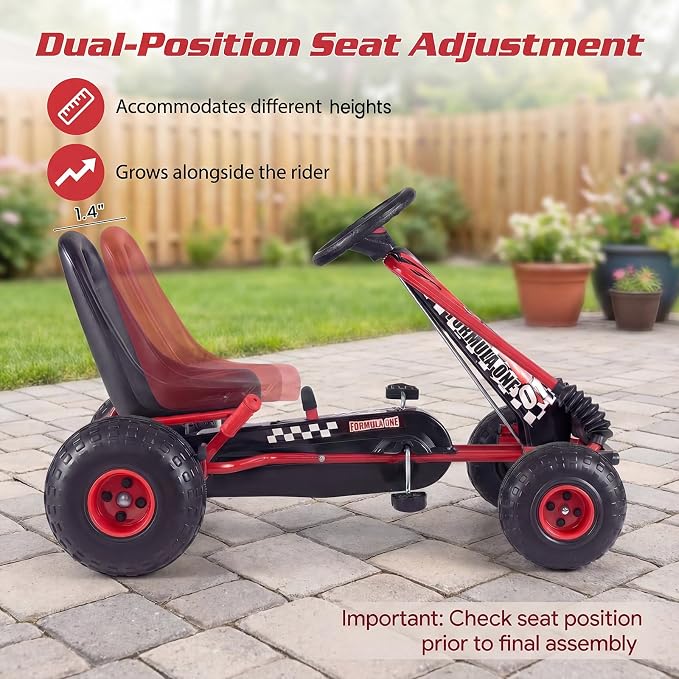 Costzon Pedal Go Kart, 4 Wheel Ride on Toy Pedal Car with Adjustable Seat, Forward/Backward & Handbrake, Outdoor Bicycle Go Cart with Wear-Resistant Wheels, Gift for Boys and Girls (Red)