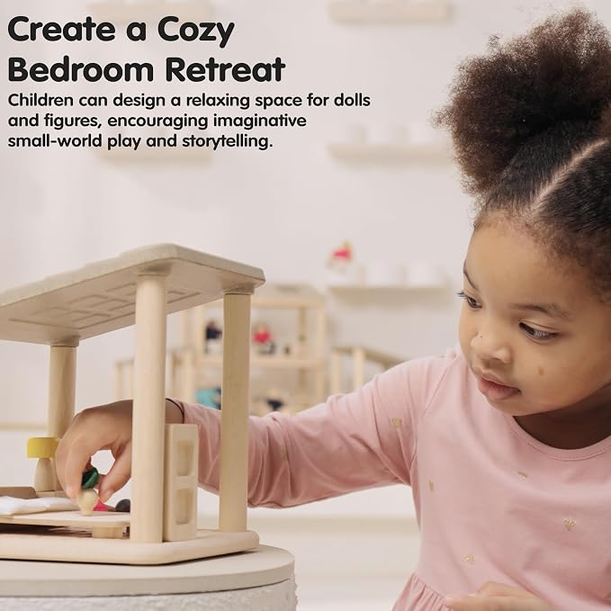 PlanToys® Wooden Dollhouse Bedroom Room Set | Modular Furniture with Bed, Lamp, Shelving & Decor | Stackable Open Ended Room for Dollhouse Expansion
