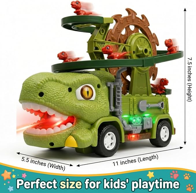 Dinosaur Truck Toy For Kids Ages 3 4 5 6 7 8, 3-in-1 Dinosaur Truck, 3 Sliding Little Dinos On Tracks , & Glow in Dark Mode. Includes Obstacle Detection For Continuous Play And Endless Adventure.