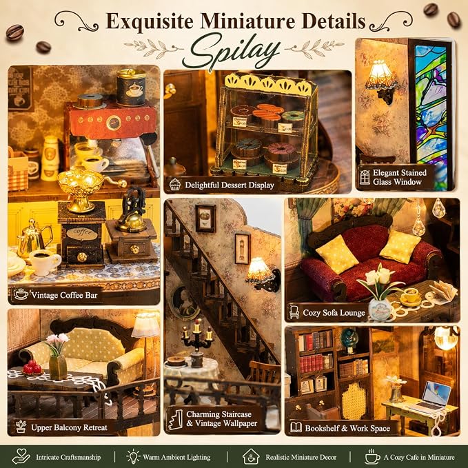Spilay DIY Miniature House Kit for Adults, Miniature Dollhouse Building Kit | With Warm Light, Music Box & Dustproof Cover, Creative DIY Craft for Bookshelf Decor, Room Decoration & Gift Giving