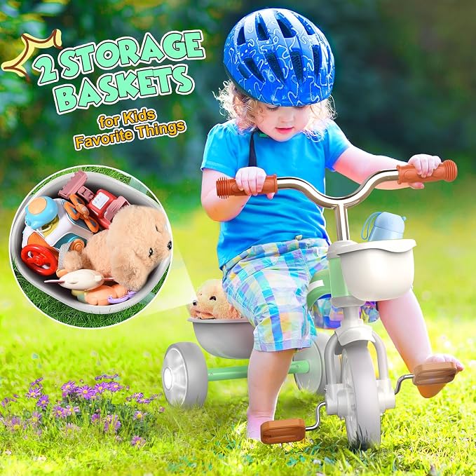 Kkdi Toddler Tricycle for 1-3 3-5 Year Olds, 2 3 4 5 Year Old Girl Boy Birthday Gifts, Toddler Baby Bike, 4-Level Adjustable Seat, 3 Color Light Wheels, 2 Baskets, Outdoor Riding Toys for Ages 2-4