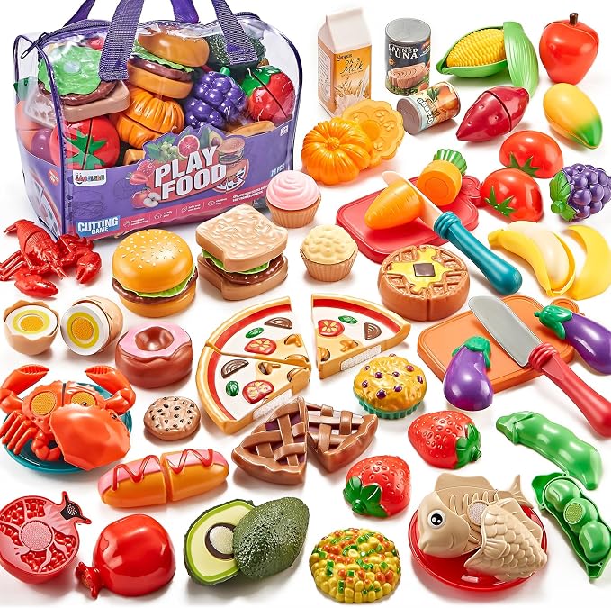 LAUGIGLE Pretend Play Food for Kids Kitchen, 78Pc Cutting Toy Food with Storage Bag