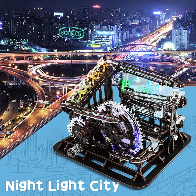 OWNONE 1 3D Wooden Puzzle Marble Run with LED Lights, Wooden Model Building Kits for Adults, Wood Mechanical Puzzle Building Set, Office Desk Decor Gift for Men Adults (312 PCS)