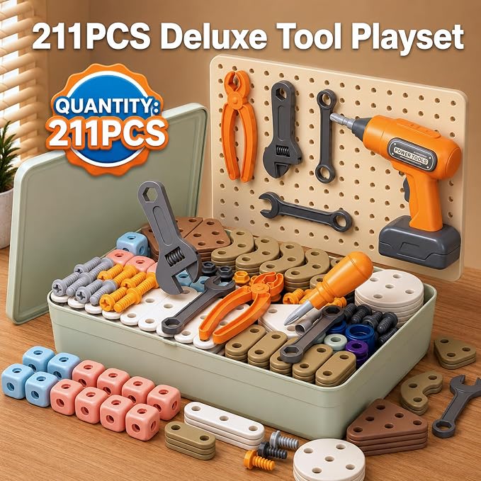 211 Pcs Kids Tool Set for Kids Ages 3-8, STEM Building Toys with Electric Drill & Storage Box, Building & Construction Educational Montessori Birthday Gift for 3 4 5 6 7 8+ Year Old