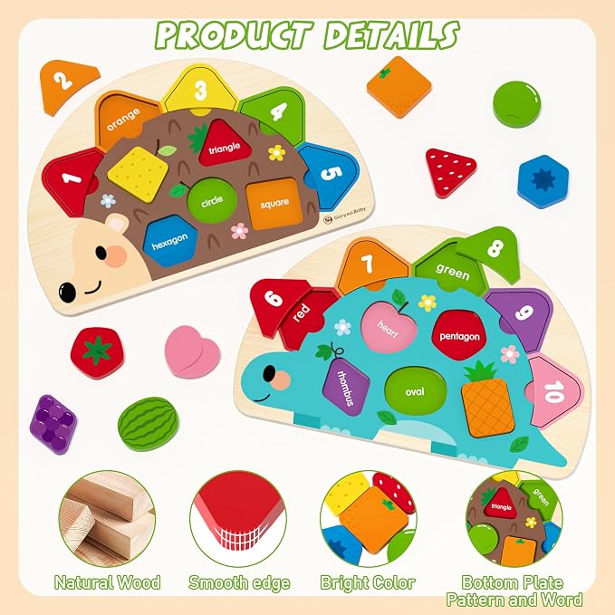 Montessori Toys for 1 2 3 Year Old, Wooden Puzzles Dinosaur Hedgehog Toy for Toddlers, Shape Sorter & Color Match Toddler Puzzles, Baby Puzzle Learning Toys Christmas Birthday Gifts for Girls Boys