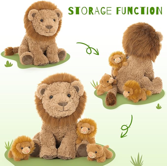 Lion Plush Toy, 17.7" Mother Lion Stuffed Animal with 3 Cute Baby Lions, 4Pcs Wild Animal Stuffed Toy for Kids Boys Girls, Safari Animal Plushies Gift for Christmas Birthday, Brown