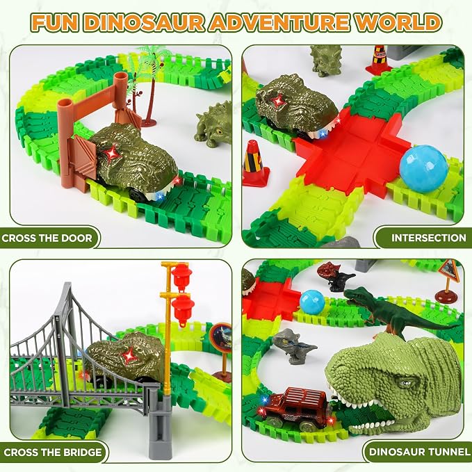 Dinosaur Track Race Car Toys - Birthday Toys Gifts for 3 4 5 6 7 Year Old Boys Girls - Flexible Dinosaur Track Car Set with Light - Create a Dinosaur Adventure World