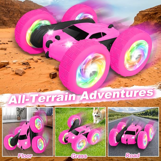 Remote Control Car, RC Cars for Girls, 2.4 GHz Double Sided RC Crawler with Upgraded USB-C Modular Battery, 360°Rotating Car Toys for 6 7 8 9 10 11 12 Year Old Girl Birthday Gift Rose