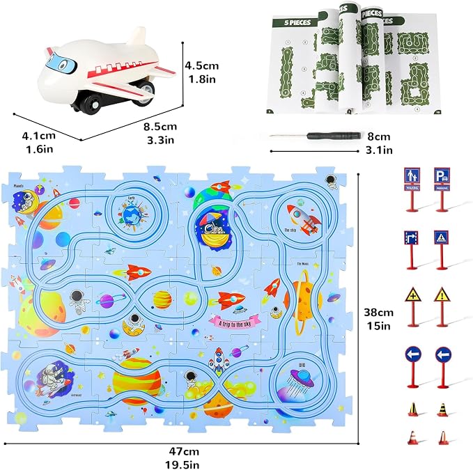 Plastic Floor Puzzles for Kids with Airplane Toy Car, Puzzle Track Car Play Set, Educational Toys for 3 4 5 6 Year Old Boys, 3 4 5 6 Year Old Boy Birthday Gift, Kids Toys Boys 3-5