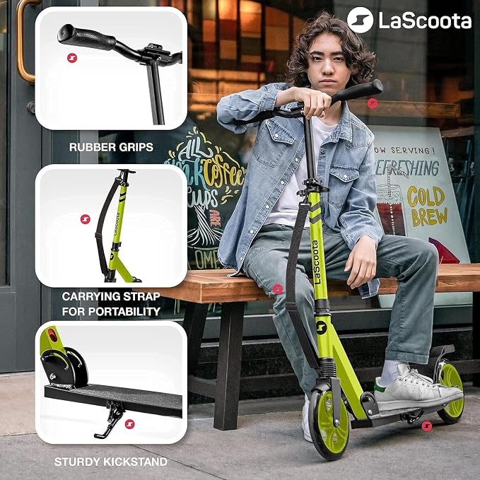 LaScoota Kick Scooter for Kids Ages 6+, Teens & Adults, Large 8" Sturdy Urethane Wheels. Adjustable Handlebar, Lightweight, Foldable, 220lbs Max Load