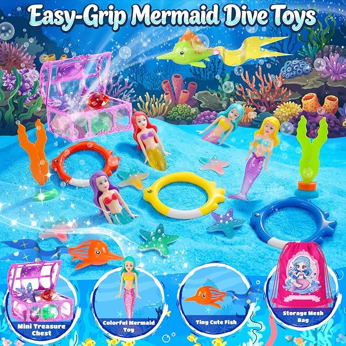 DRAMATION 25 Pcs Pool Diving Toys for Kids Ages 3-12, Mermaid Dive Pool Toys with Diving Gems and Treasure Chest, Diving Rings, Storage Bag, Summer Beach Swim Water Sinking Toys for Boys Girls 3-5 4-8