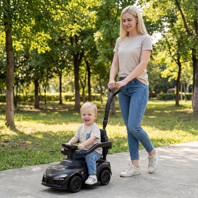 Licensed Toyota Ride on Push Car for Toddlers by INFANS, 3 in 1 Walking Sliding Toy with Removable Guardrails and Handle, Music, Under Seat Storage for Kid (Dark)