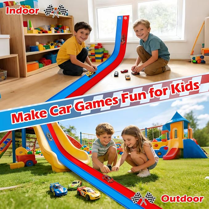 Flexible Race Track Toys for Kids, 15 Ft Flex Tracks Starter Set with Strong Suction Cups - Compatible with Hot Wheels and Diecast 1/64th Cars, Rolls up Portable Race Car Ramp Track (Blue Red)