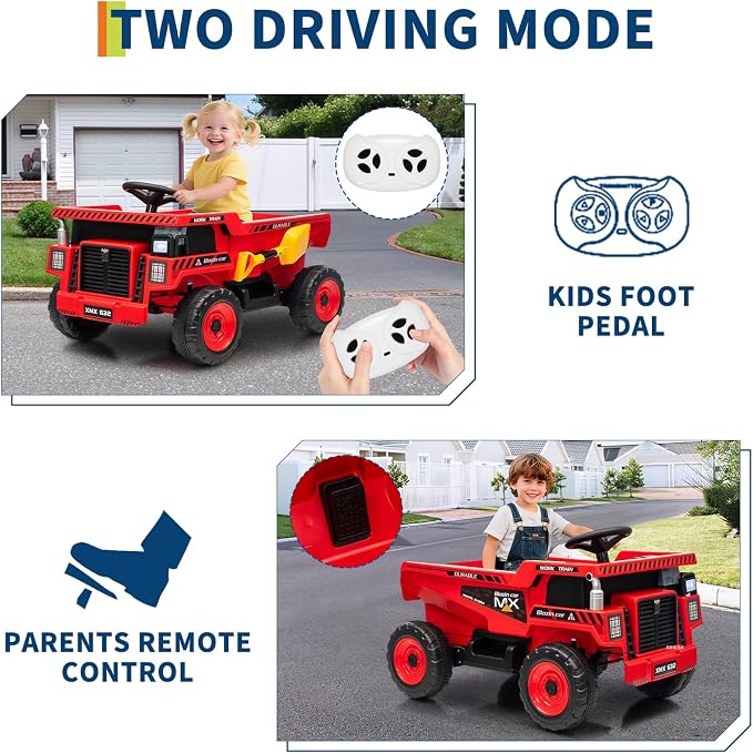 Garvee 12V Ride On Dump Truck for Kids, Ride On Car with Remote Control, Construction Vehicles with Dump Bed & Shovel, Ride-On Toys 16.5 in Spacious Seat, Music, Headlights, Soft Start, Red