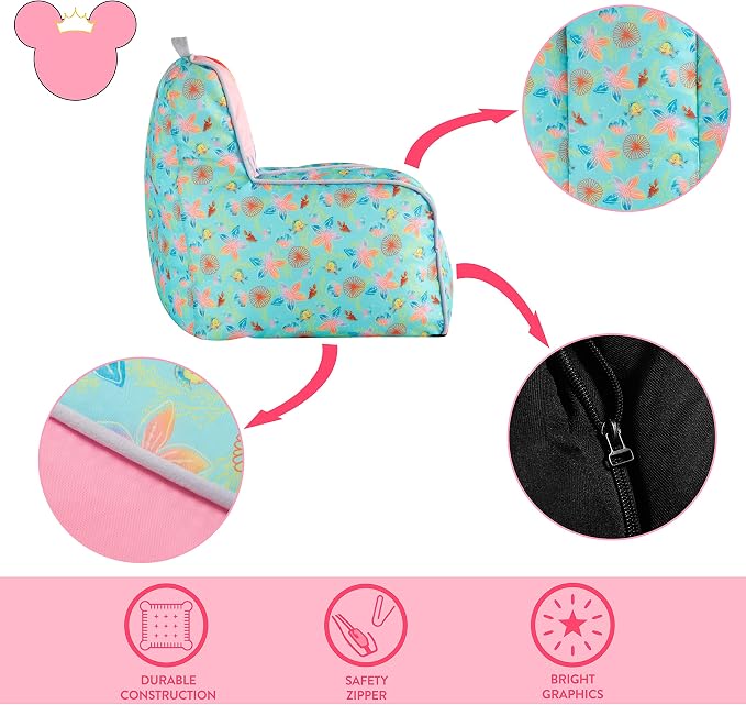 Disney Little Mermaid Kids and Toddler Canvas Bean Bag Chair with Piping & Top Carry Handle