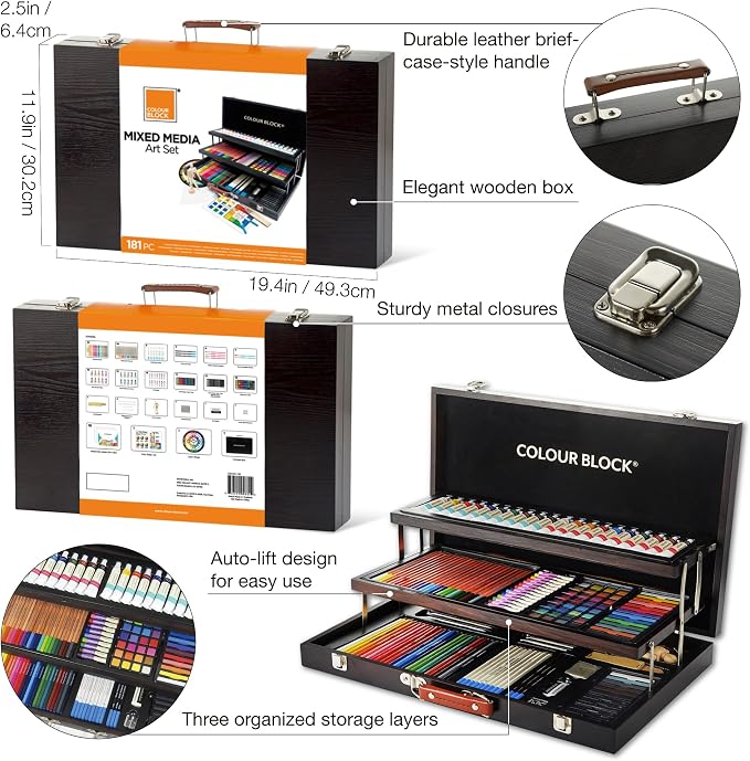 COLOUR BLOCK 181-Piece Mixed Media Art Set in Wooden Case, Deluxe Drawing Set and Professional Art Supplies for Adults, Art Kit for Drawing, Sketching, Painting with 12 Mediums, 11 Tools and Paper