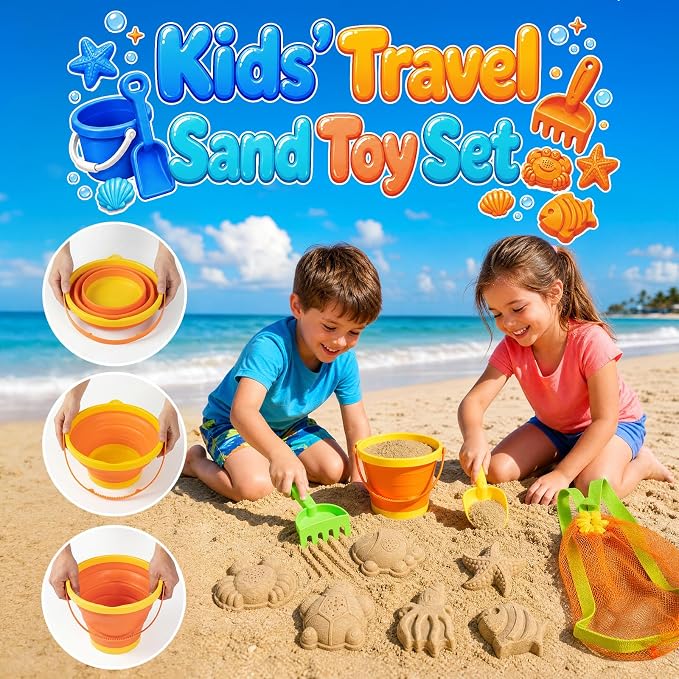 Beach Sand Toys Set for Toddlers, Portable Travel Beach Toys with Collapsible Bucket, Shovel, Rake, Molds & Mesh Storage Bag for Kids, Summer Gift (Tangerine)