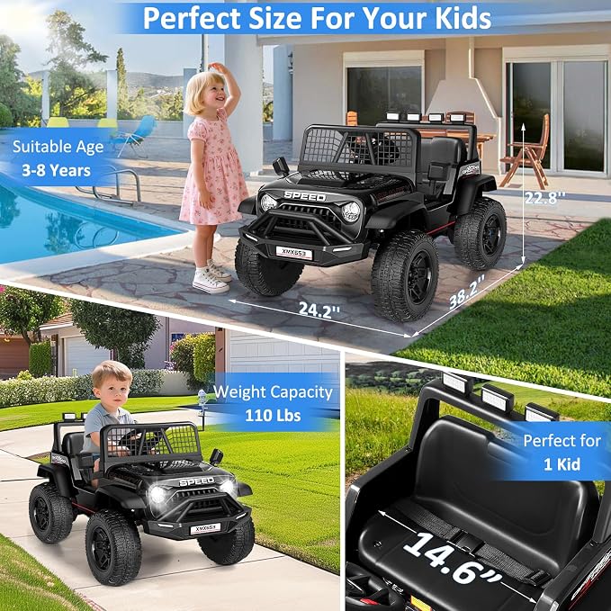 Hikole 24V Ride On Toys for Big Kids, 24V Power Wheels Truck with Remote Control, 3 Speed, Bluetooth, Music, Soft Start, Spring Suspension, LED Light, Electric Cars for Kids Boys Girls 3-5, Black