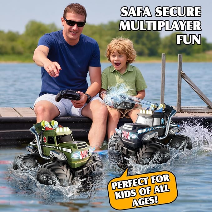 Dual Remote Control RC Car with Magic Gesture Wristband & 40+ Min Play, 1:18 Fully Submersible Waterproof All Terrain 4WD Monster Truck, Amphibious Toy Crawler Gift for Boys Girls Ages 6-12-Green