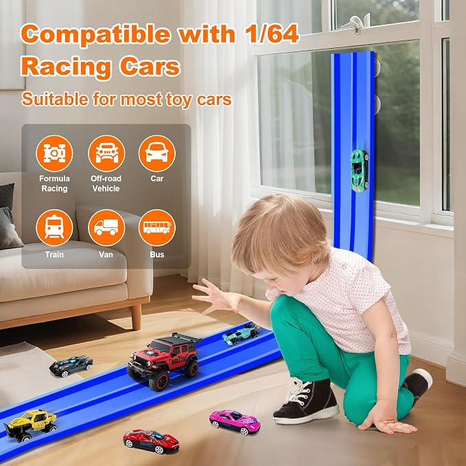 15Ft Flex Track, Flexible Race Car Track for Kids Toy with 10 Suction Cups, Rolls Up Portable Racetrack Compatible with Hot Wheels & Diecast 1/64th Cars, Birthday Gifts for Boys Girls (Blue)