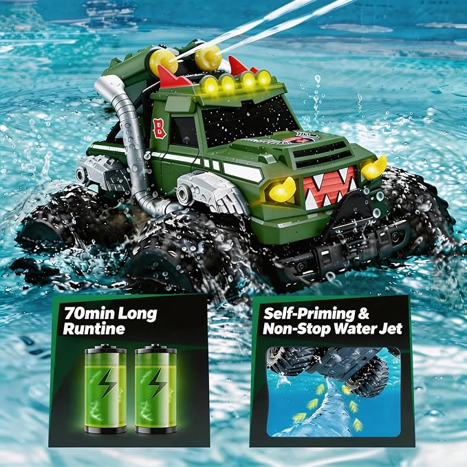 Remote Control Car, Amphibious Monster Trucks for Boys Age 4-7, 1:18 4WD All Terrain Waterproof Monster Truck Toys, 2.4GHz RC Boat W/2 Batteries, Birthday Gift for Kids Ages 6-12 Years Old