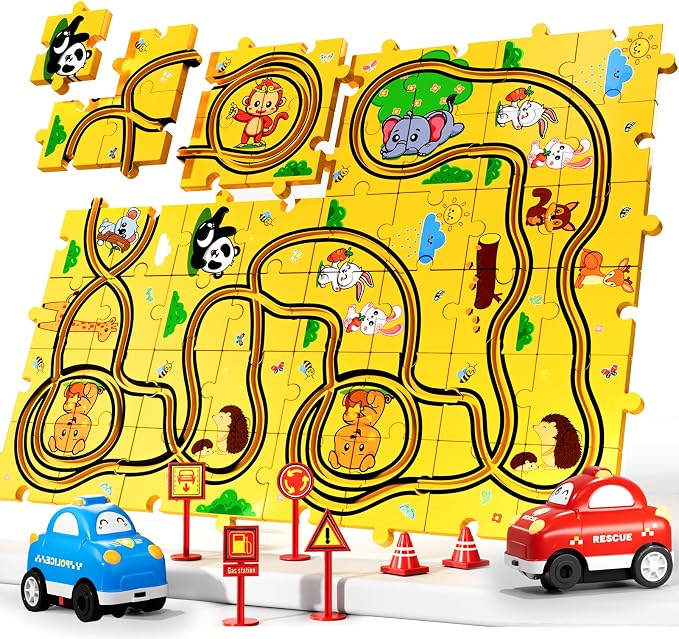Bennol Puzzle Tracks Car Toys Gifts for 3 4 5 Year Old Boys 48PCS Puzzle Racer Cars Play Set for Kids Ages 3-5 4-6 Toys Gifts for 3 4 5 Year Old Boys Puzzle Racer Kids Car Track Set
