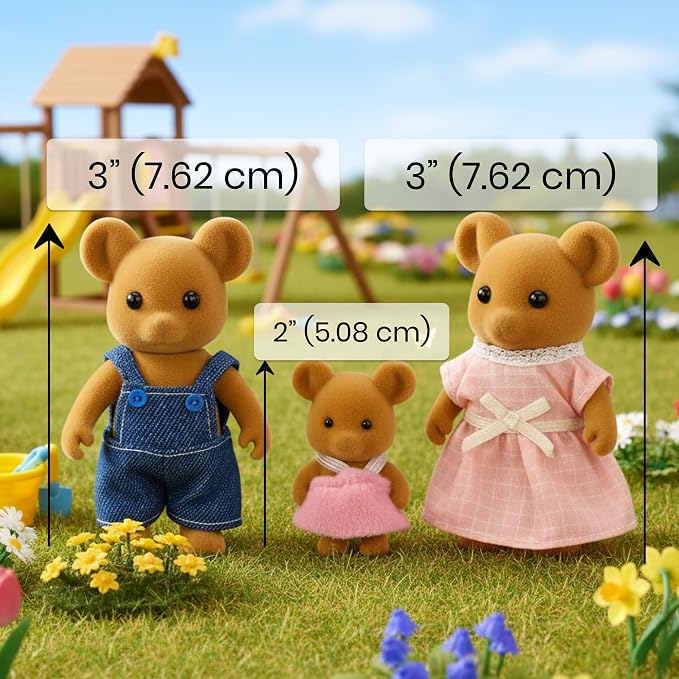 Family Brown Mouse Figures — Set of 3 Collectible Flocked Mini Dolls with Removable Clothes, Miniature Dollhouse Pretend Play Figures for Kids Ages 3+