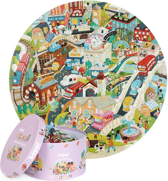 boppi Round 150 Piece Jigsaw Puzzle for Kids Aged 5-8 | Educational City Life Puzzle with Buildings, Vehicles & People | Eco-Friendly Recycled Cardboard