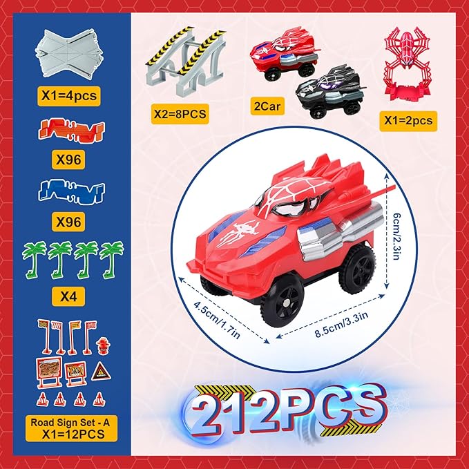 Spider Hero Monster Truck Toys for 3 4 5 6 7 8 9 Year Old Boys Girls: Race Track Set with 2 Spider Cars Electric Vehicle Kids Toys Gift for Boys Girls Age 3-9 Years Birthday Presents（212PCS）