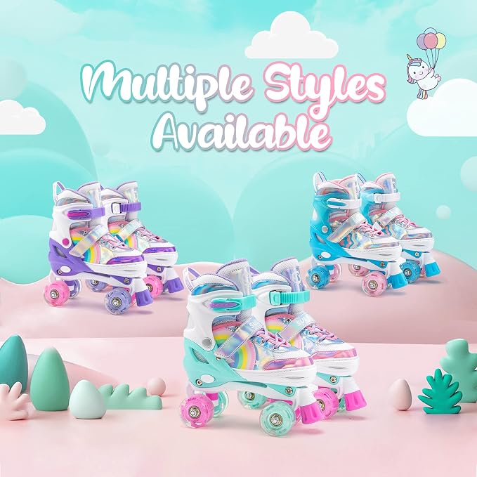 SULIFEEL Rainbow Unicorn 4 Size Adjustable Roller Skates for Girls Boys for Kids Ages 3-5 5-8 6-12 Children Skates Indoor Outdoor
