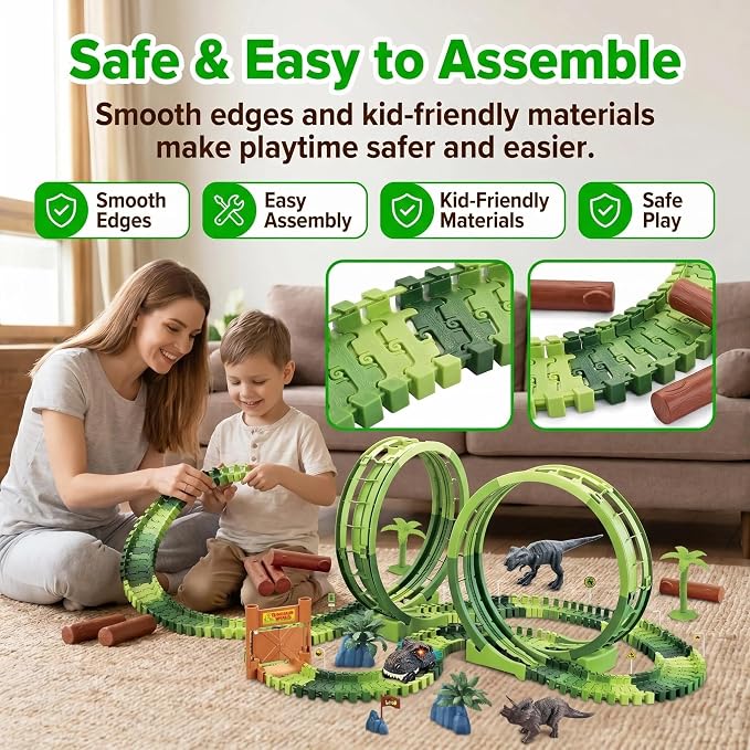 Dinosaur Race Track Toys for Boys 3-5, Double Loop Dinosaur Car Track Set, Flexible Adventure Race Track Playset for Boys Age 4-7 Birthday Gifts