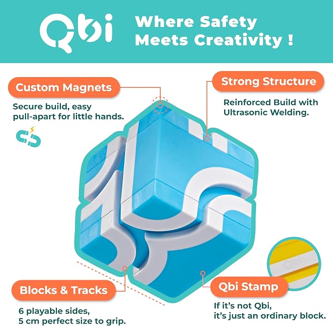 QBI Magnetic Blocks for Toddlers Ages 3+ | STEM Magnetic Block Tracks with Wheel Bulldozer & Tiles | 3D Colorful Magnet Building Blocks for Boys & Girls | Early Learning Sensory Toy – 21 Pieces