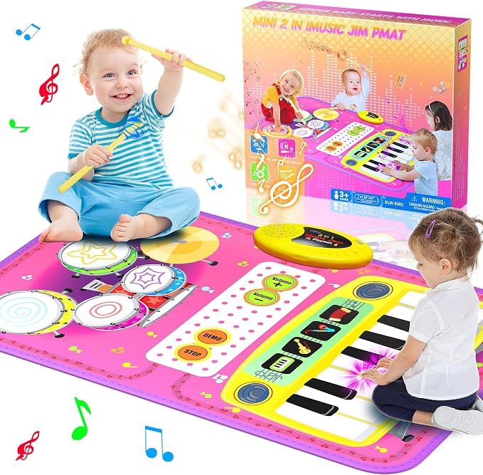 2-in-1 Musical Mat Toys for 1 2 3 4 5 Year Old, Piano Keyboard & Drum Set with 2 Drum Sticks, Early Educational Musical Learning Toys Birthday for 1 2 3 4 5 Year Old Girls & Boys, Pink