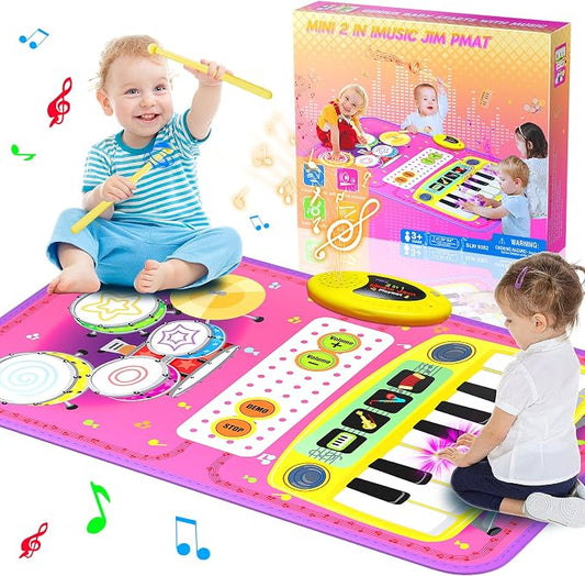2-in-1 Musical Mat Toys for 1 2 3 4 5 Year Old, Piano Keyboard & Drum Set with 2 Drum Sticks, Early Educational Musical Learning Toys Birthday for 1 2 3 4 5 Year Old Girls & Boys, Pink