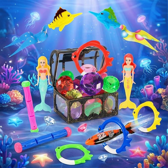 VGOFUN Diving Pool Toys for Kids Ages 3-12, Swimming Pool Toys Water Sinking Toys with Diving Gem Pirate Treasure Chest, Mermaid Toys, Dive Rings Sticks Torpedo Storage Bag for Summer Party Favor