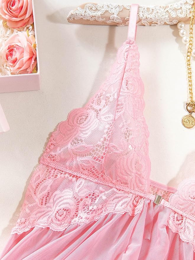 Foxiny Sexy Open Front V Neck Ruffle Sheer Mesh Lace Wireless Babydoll Lingerie Dress with Thong 2 Piece