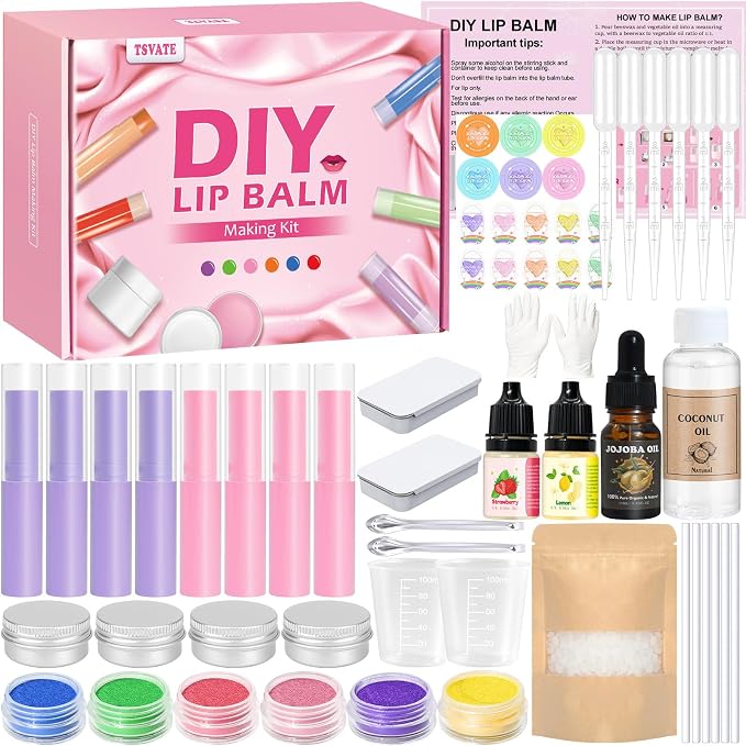 TSVATE Lip Balm Making Kit- Make Your Own Lip Balm for Adults with Shea Butter, Beeswax, Coconut Oil, Moisturizing DIY Lip Gloss Kit, Lip Care Set Christmas Gift for Girls & Women