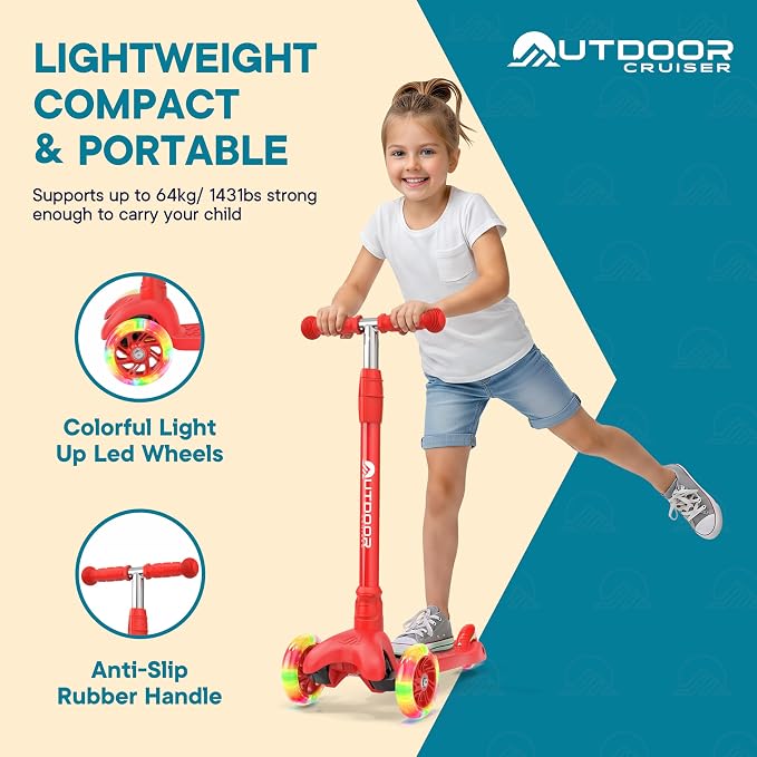 Outdoor Cruiser 3-Wheel Kids Scooter – with Lean-to-Steer Technology, Wide Deck, Led Lighted Wheel, 4-Level Adjustable Height T-bar Handle, Support Kids Up to 150 Lbs, for Boys & Girls Ages 3-8, Red