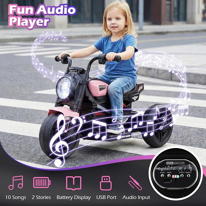 Costzon Toddler Motorcycle, 6V Chopper Kids Motorcycle Ride On Toy with LED Headlight, Music, Story, 3-Wheel Stable Electric Motorbike for Toddlers Boys Girls (Pink, 31" x 18.5" x 19.5"(L x W x H))