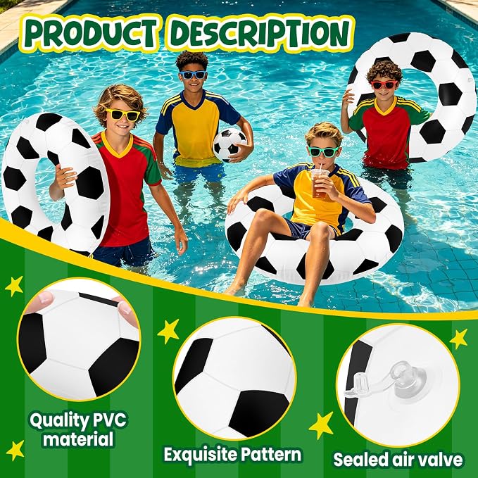 4 Pcs Soccer Ball Pattern Pool Floats - 28 Inch Sports-Themed Kids Swim Rings (Ages 10-15), Inflatable Pool Toys for Hawaiian, Beach, Water Park